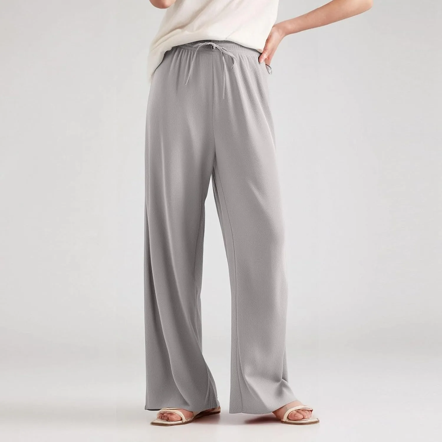 ZEFOTIM Wide Leg Lounge Pants for Women Drawstring High Waisted Pants Solid Color Lounge Trouser with Pocket