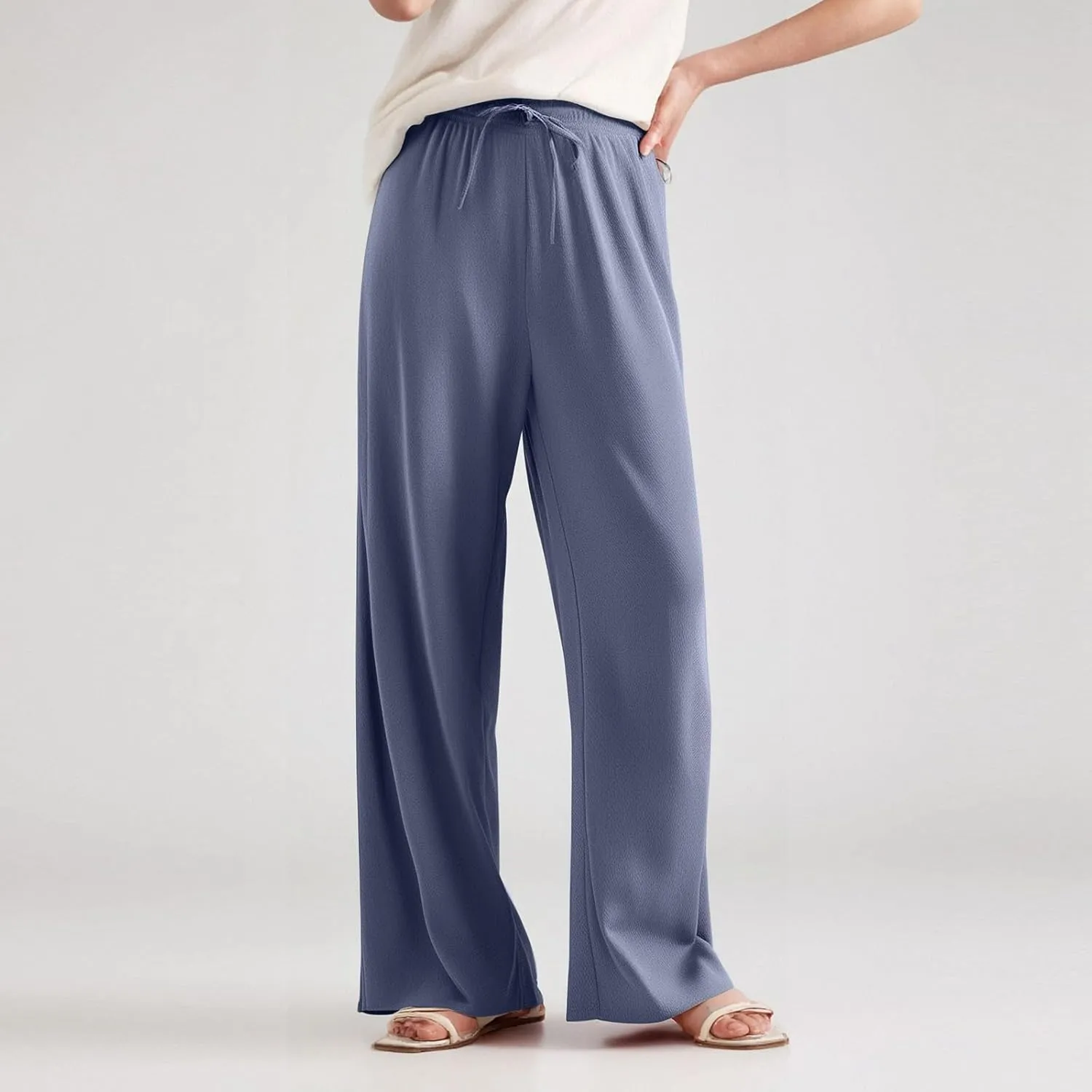 ZEFOTIM Wide Leg Lounge Pants for Women Drawstring High Waisted Pants Solid Color Lounge Trouser with Pocket