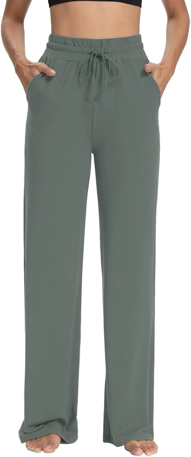ZEFOTIM Wide Leg Pants Woman Drawstring High Waisted Trousers Solid Color Business Pants with Pocket