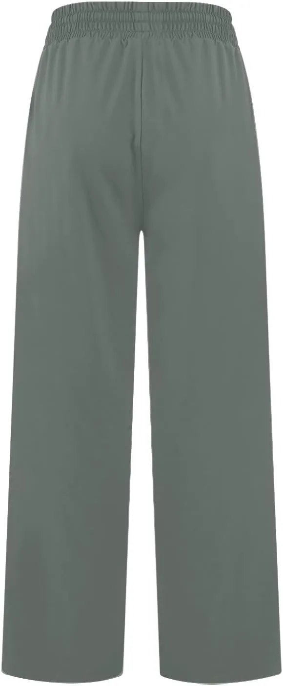 ZEFOTIM Wide Leg Pants Woman Drawstring High Waisted Trousers Solid Color Business Pants with Pocket