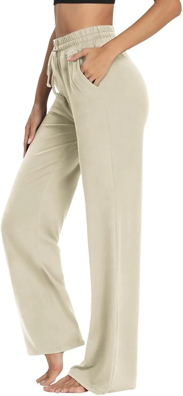 ZEFOTIM Wide Leg Pants Woman Drawstring High Waisted Trousers Solid Color Business Pants with Pocket