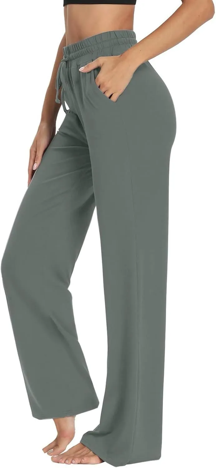 ZEFOTIM Wide Leg Pants Woman Drawstring High Waisted Trousers Solid Color Business Pants with Pocket