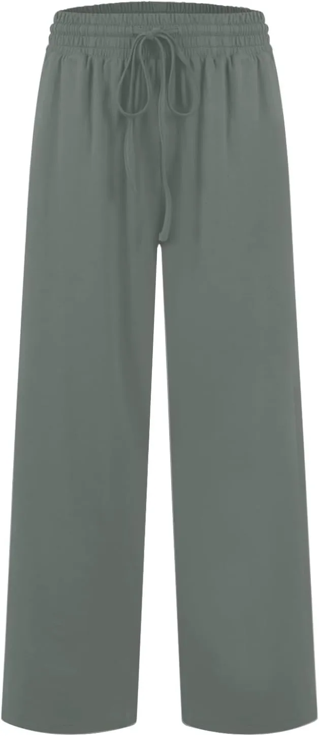 ZEFOTIM Wide Leg Pants Woman Drawstring High Waisted Trousers Solid Color Business Pants with Pocket