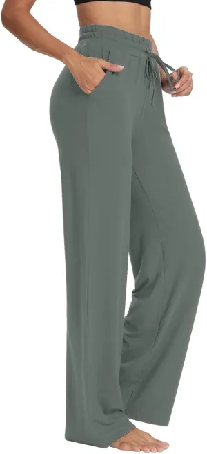 ZEFOTIM Wide Leg Pants Woman Drawstring High Waisted Trousers Solid Color Business Pants with Pocket