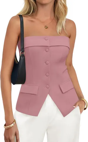 ZESICA Women's 2025 Trendy Strapless Blazer Vests Summer Dressy Tube Vest Tops Elegant Clothes