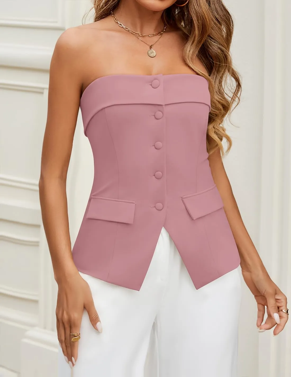 ZESICA Women's 2025 Trendy Strapless Blazer Vests Summer Dressy Tube Vest Tops Elegant Clothes
