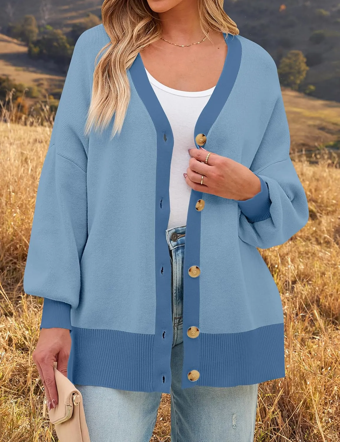 ZESICA Women's Casual Loose Knitted Cardigan Long Sleeve Open Front Contrast Color Button Down Oversized Sweater Coats