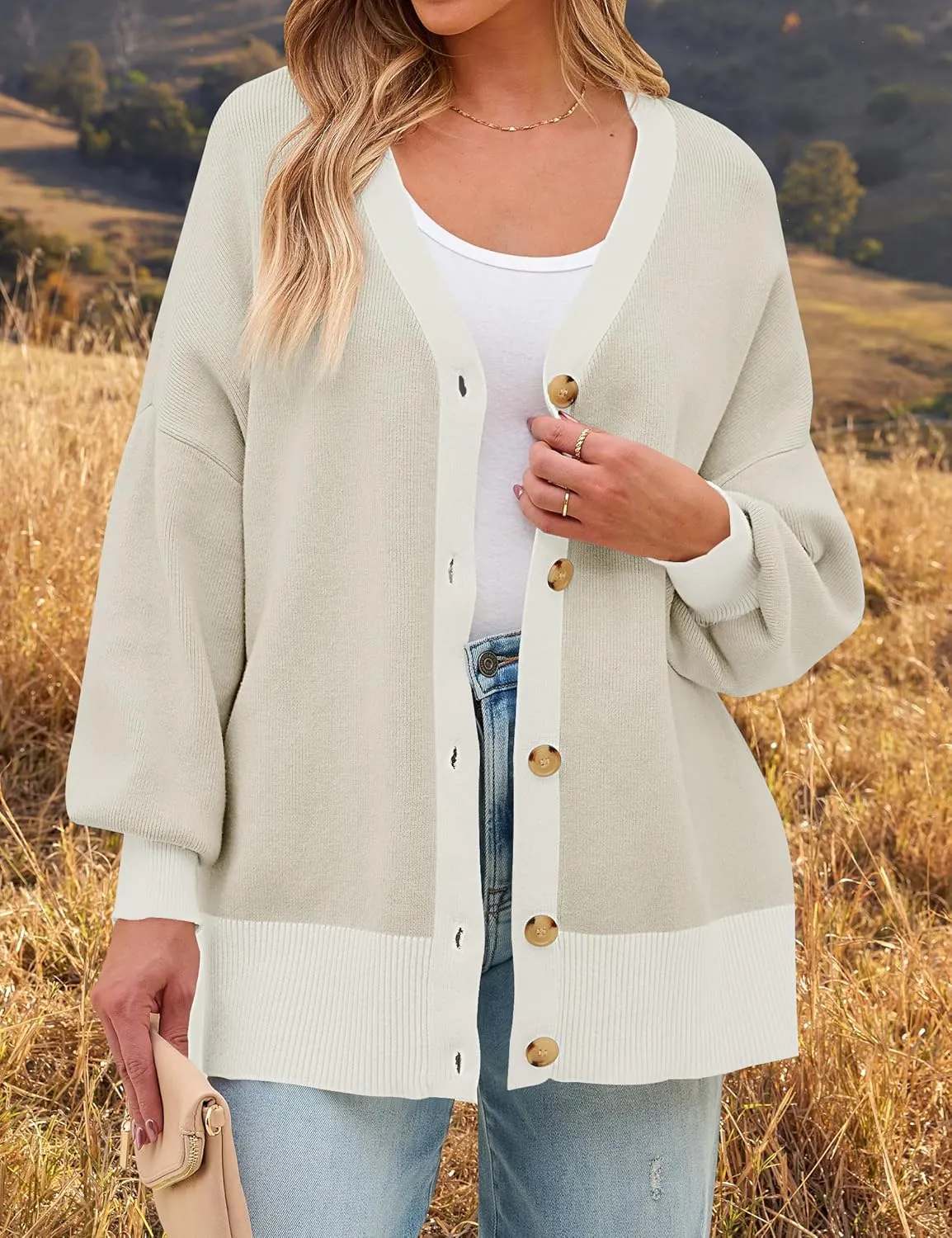 ZESICA Women's Casual Loose Knitted Cardigan Long Sleeve Open Front Contrast Color Button Down Oversized Sweater Coats