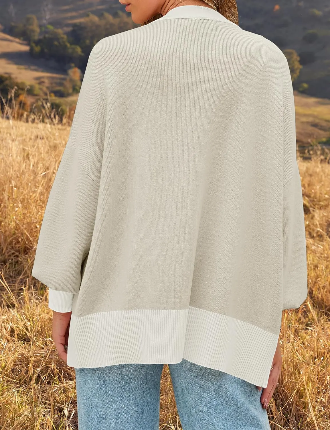 ZESICA Women's Casual Loose Knitted Cardigan Long Sleeve Open Front Contrast Color Button Down Oversized Sweater Coats