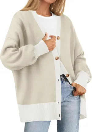 ZESICA Women's Casual Loose Knitted Cardigan Long Sleeve Open Front Contrast Color Button Down Oversized Sweater Coats