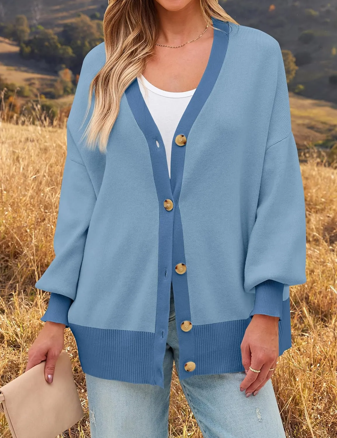 ZESICA Women's Casual Loose Knitted Cardigan Long Sleeve Open Front Contrast Color Button Down Oversized Sweater Coats