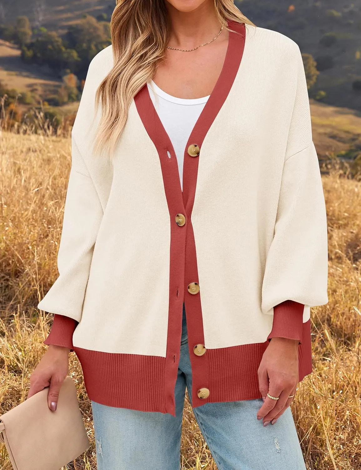 ZESICA Women's Casual Loose Knitted Cardigan Long Sleeve Open Front Contrast Color Button Down Oversized Sweater Coats
