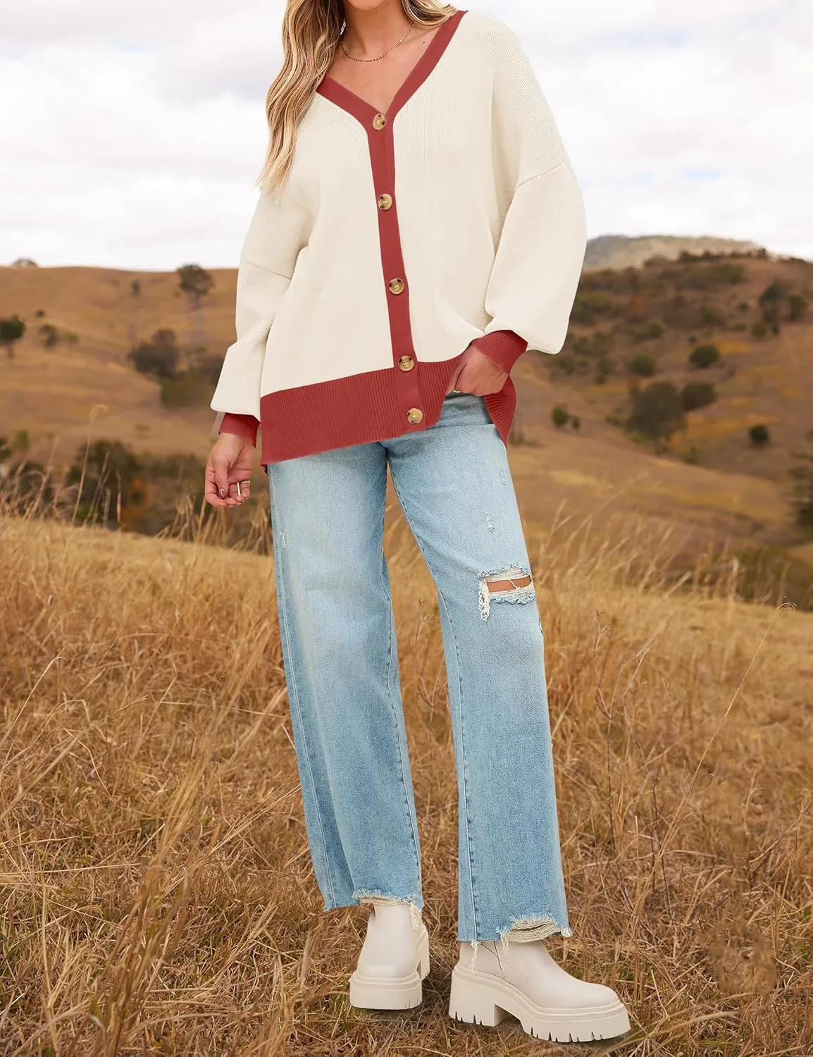 ZESICA Women's Casual Loose Knitted Cardigan Long Sleeve Open Front Contrast Color Button Down Oversized Sweater Coats