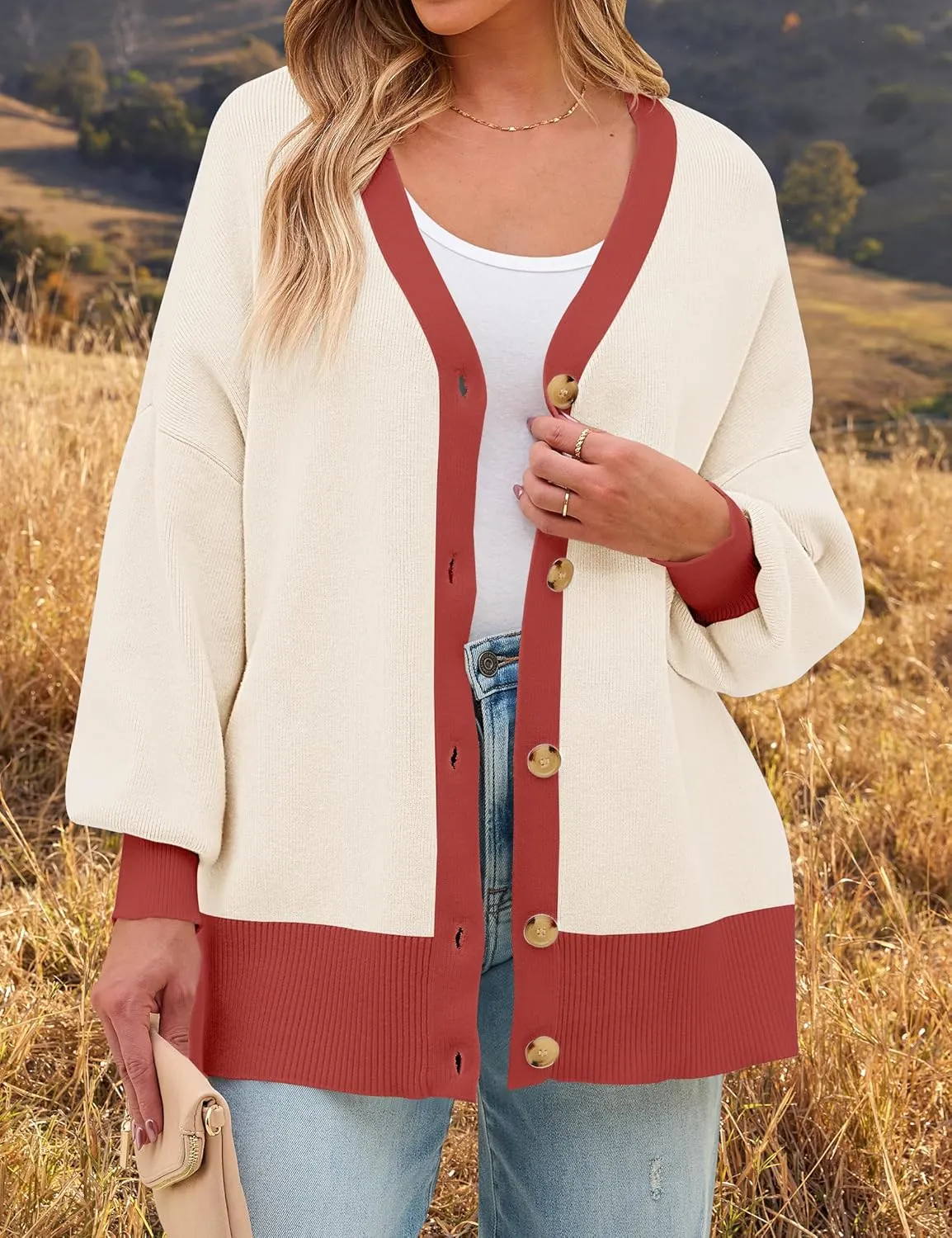 ZESICA Women's Casual Loose Knitted Cardigan Long Sleeve Open Front Contrast Color Button Down Oversized Sweater Coats
