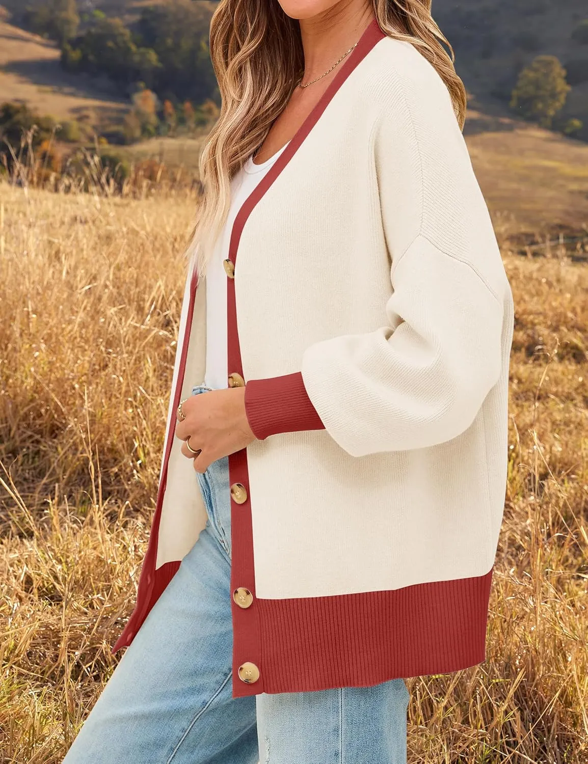 ZESICA Women's Casual Loose Knitted Cardigan Long Sleeve Open Front Contrast Color Button Down Oversized Sweater Coats