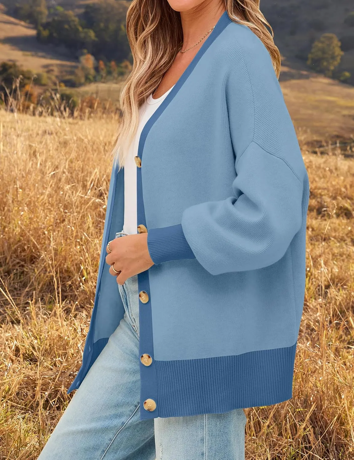 ZESICA Women's Casual Loose Knitted Cardigan Long Sleeve Open Front Contrast Color Button Down Oversized Sweater Coats