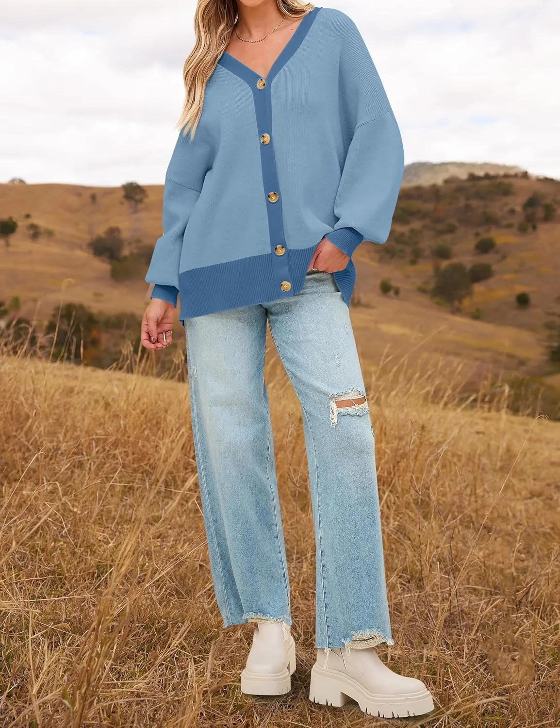 ZESICA Women's Casual Loose Knitted Cardigan Long Sleeve Open Front Contrast Color Button Down Oversized Sweater Coats
