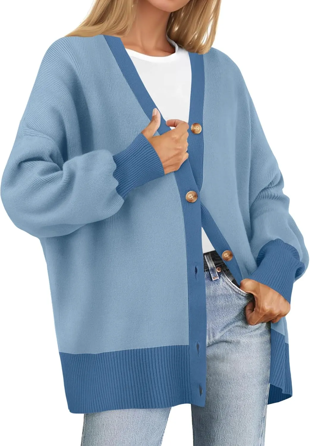ZESICA Women's Casual Loose Knitted Cardigan Long Sleeve Open Front Contrast Color Button Down Oversized Sweater Coats