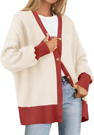 ZESICA Women's Casual Loose Knitted Cardigan Long Sleeve Open Front Contrast Color Button Down Oversized Sweater Coats