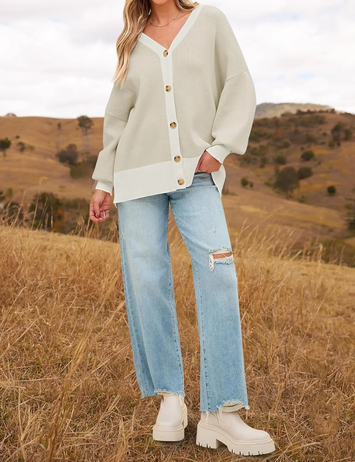 ZESICA Women's Casual Loose Knitted Cardigan Long Sleeve Open Front Contrast Color Button Down Oversized Sweater Coats