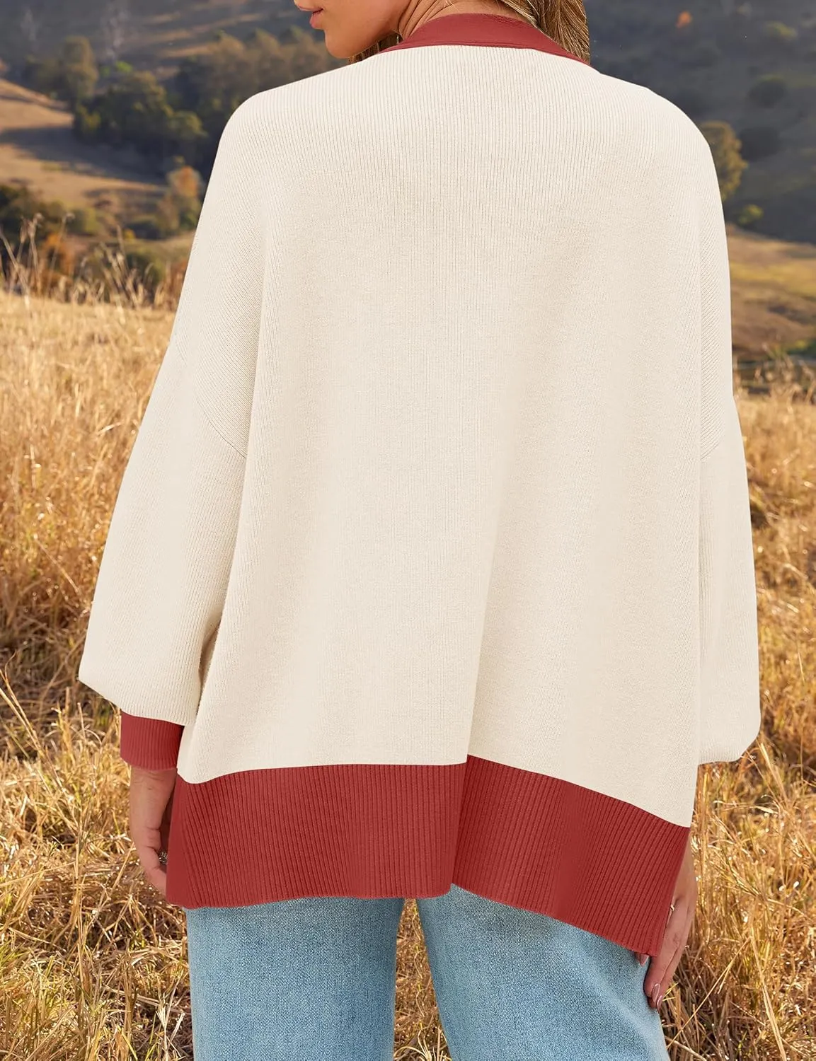 ZESICA Women's Casual Loose Knitted Cardigan Long Sleeve Open Front Contrast Color Button Down Oversized Sweater Coats