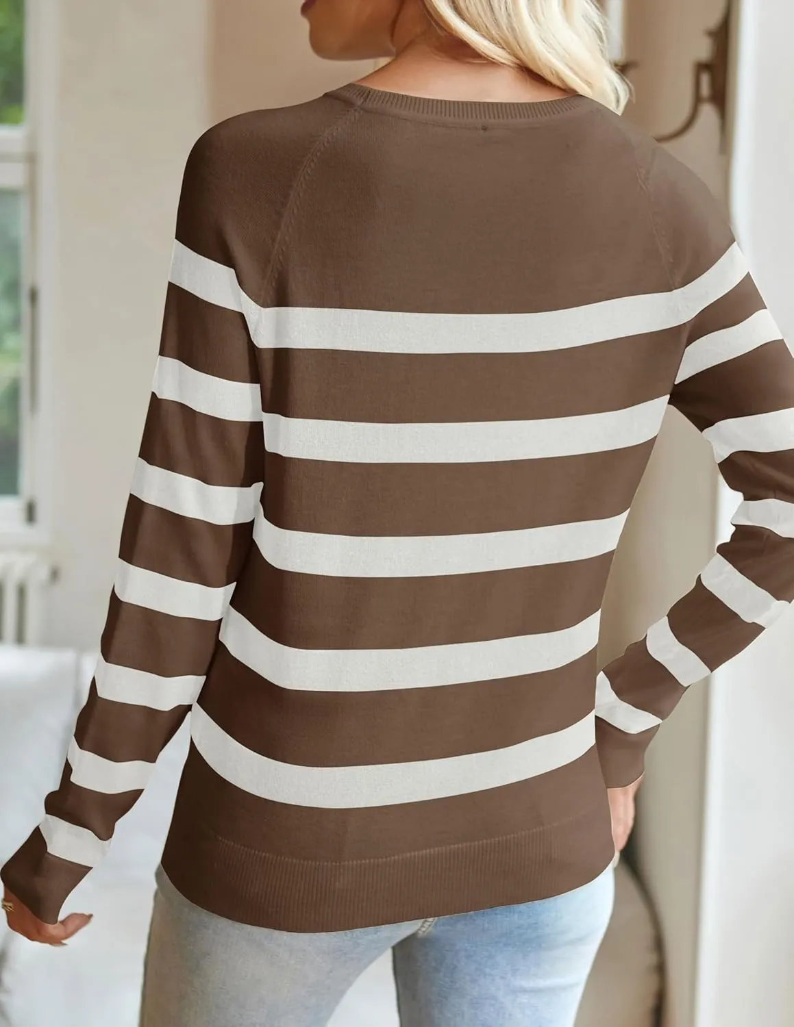 ZESICA Women's Long Sleeve Lightweight Striped Tops Fall Crewneck Ribbed Knit Shirts