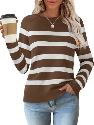 ZESICA Women's Long Sleeve Lightweight Striped Tops Fall Crewneck Ribbed Knit Shirts