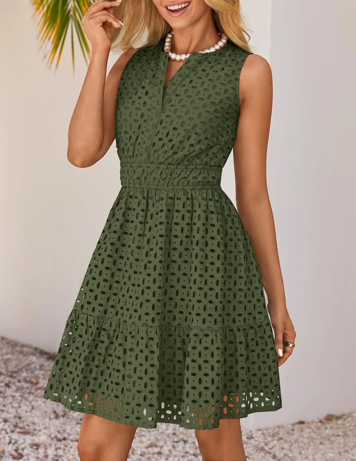 ZESICA Women's Summer Sleeveless Mini Dress V Neck Hollow Out Eyelet High Waist A Line Swing Short Party Dresses