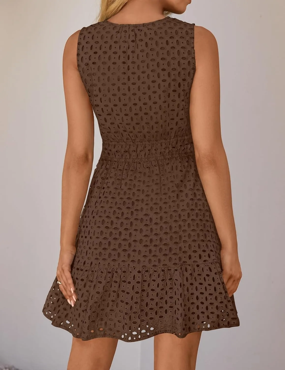 ZESICA Women's Summer Sleeveless Mini Dress V Neck Hollow Out Eyelet High Waist A Line Swing Short Party Dresses