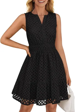 ZESICA Women's Summer Sleeveless Mini Dress V Neck Hollow Out Eyelet High Waist A Line Swing Short Party Dresses