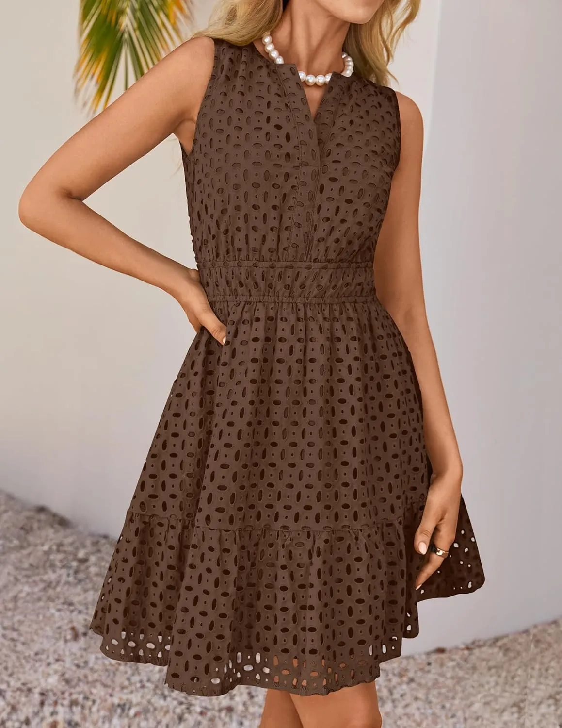 ZESICA Women's Summer Sleeveless Mini Dress V Neck Hollow Out Eyelet High Waist A Line Swing Short Party Dresses