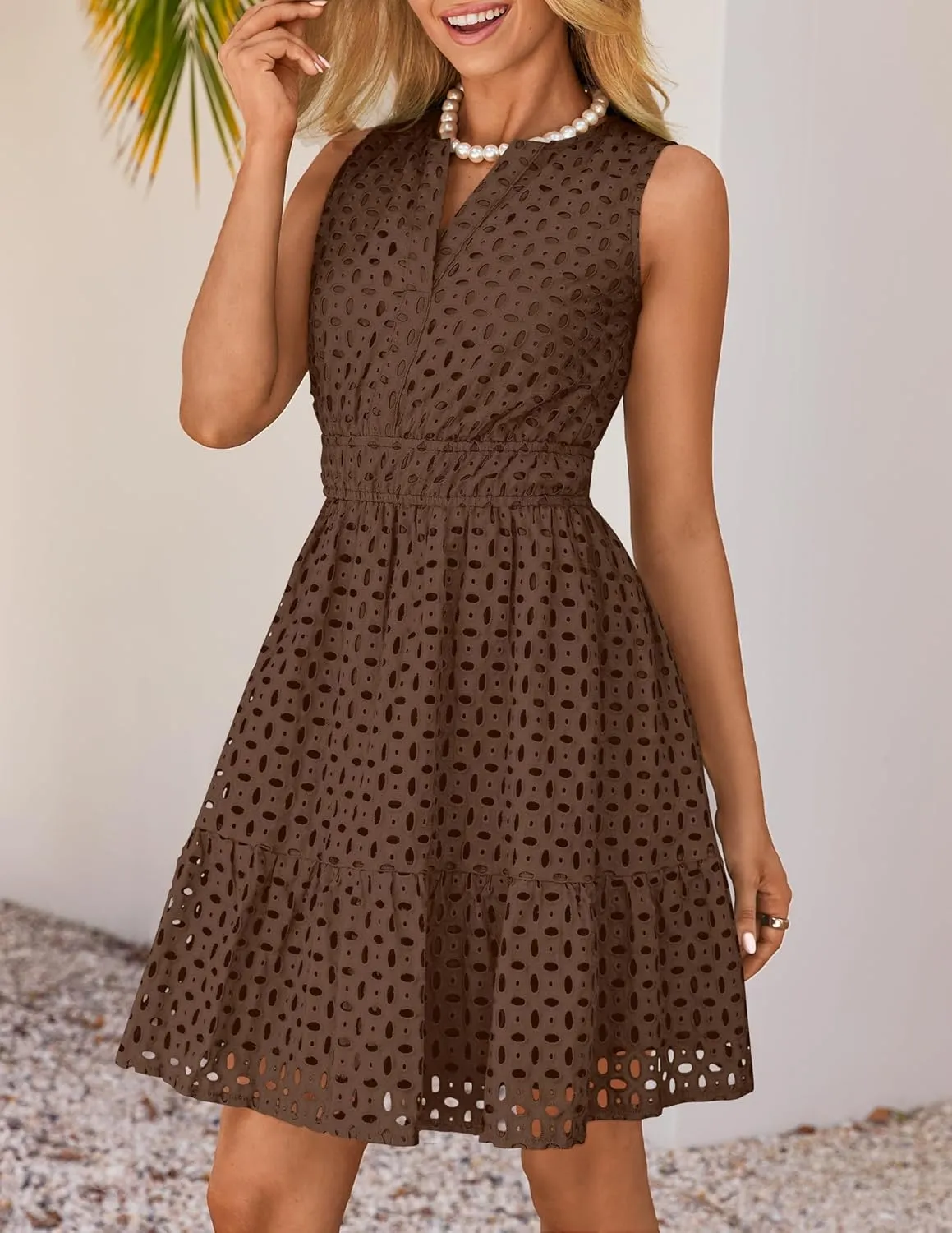 ZESICA Women's Summer Sleeveless Mini Dress V Neck Hollow Out Eyelet High Waist A Line Swing Short Party Dresses