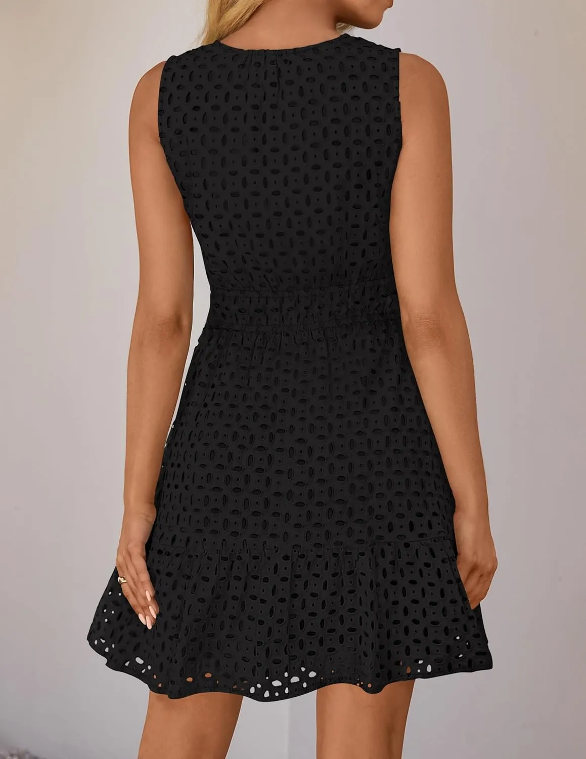 ZESICA Women's Summer Sleeveless Mini Dress V Neck Hollow Out Eyelet High Waist A Line Swing Short Party Dresses