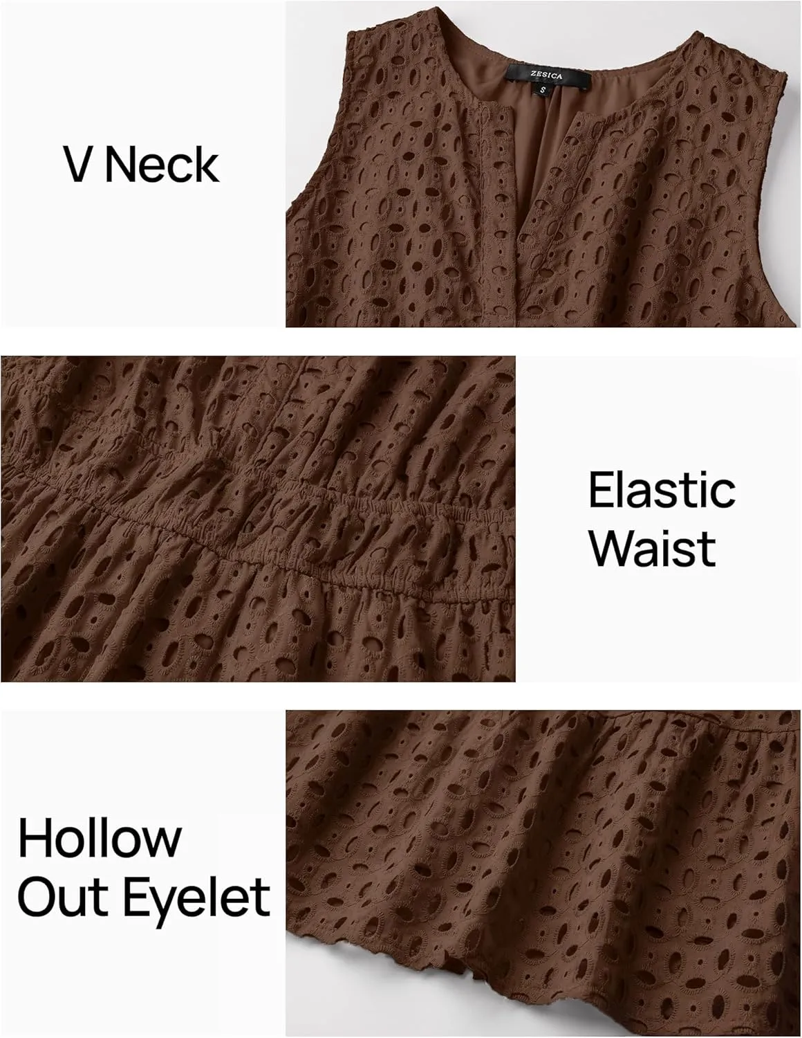 ZESICA Women's Summer Sleeveless Mini Dress V Neck Hollow Out Eyelet High Waist A Line Swing Short Party Dresses