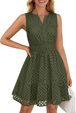 ZESICA Women's Summer Sleeveless Mini Dress V Neck Hollow Out Eyelet High Waist A Line Swing Short Party Dresses