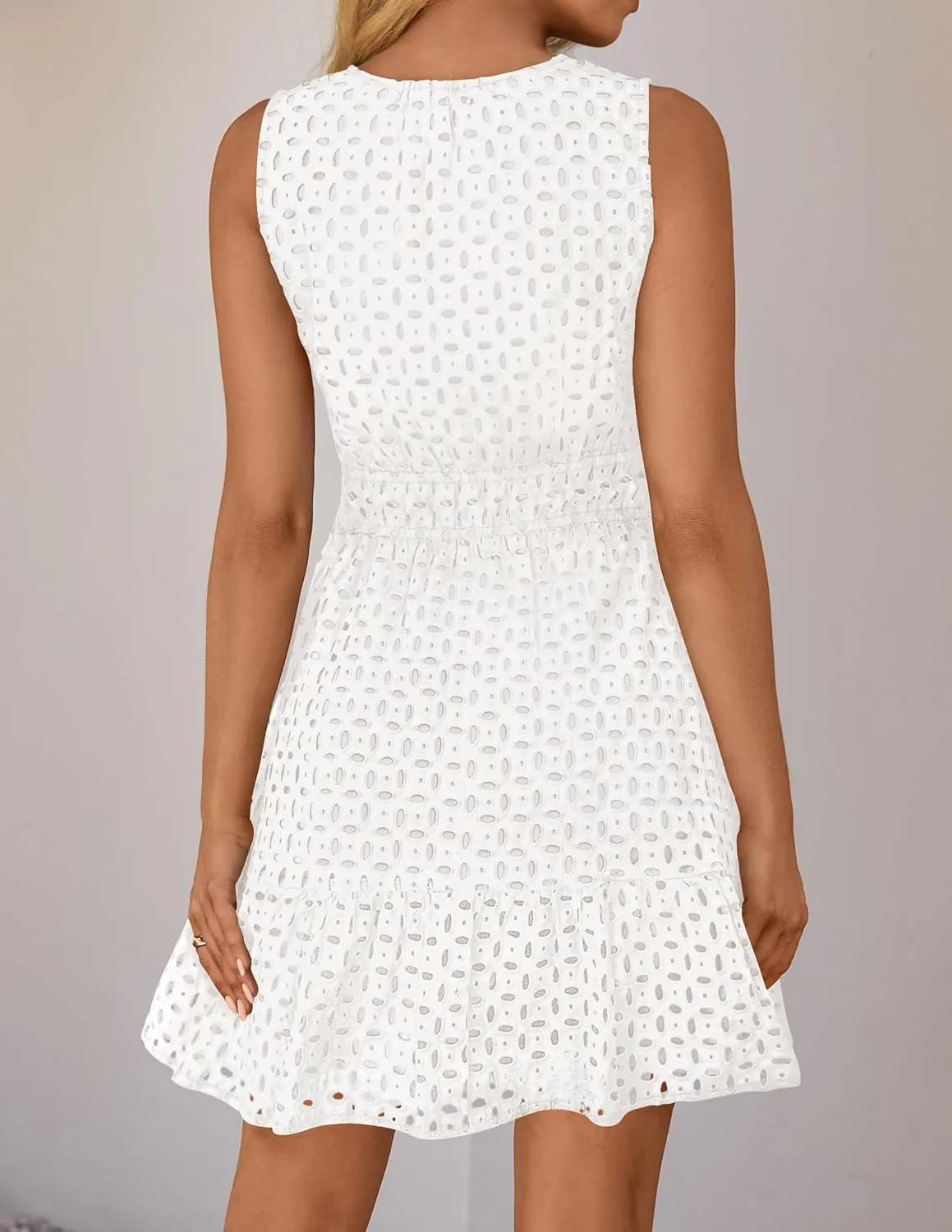 ZESICA Women's Summer Sleeveless Mini Dress V Neck Hollow Out Eyelet High Waist A Line Swing Short Party Dresses
