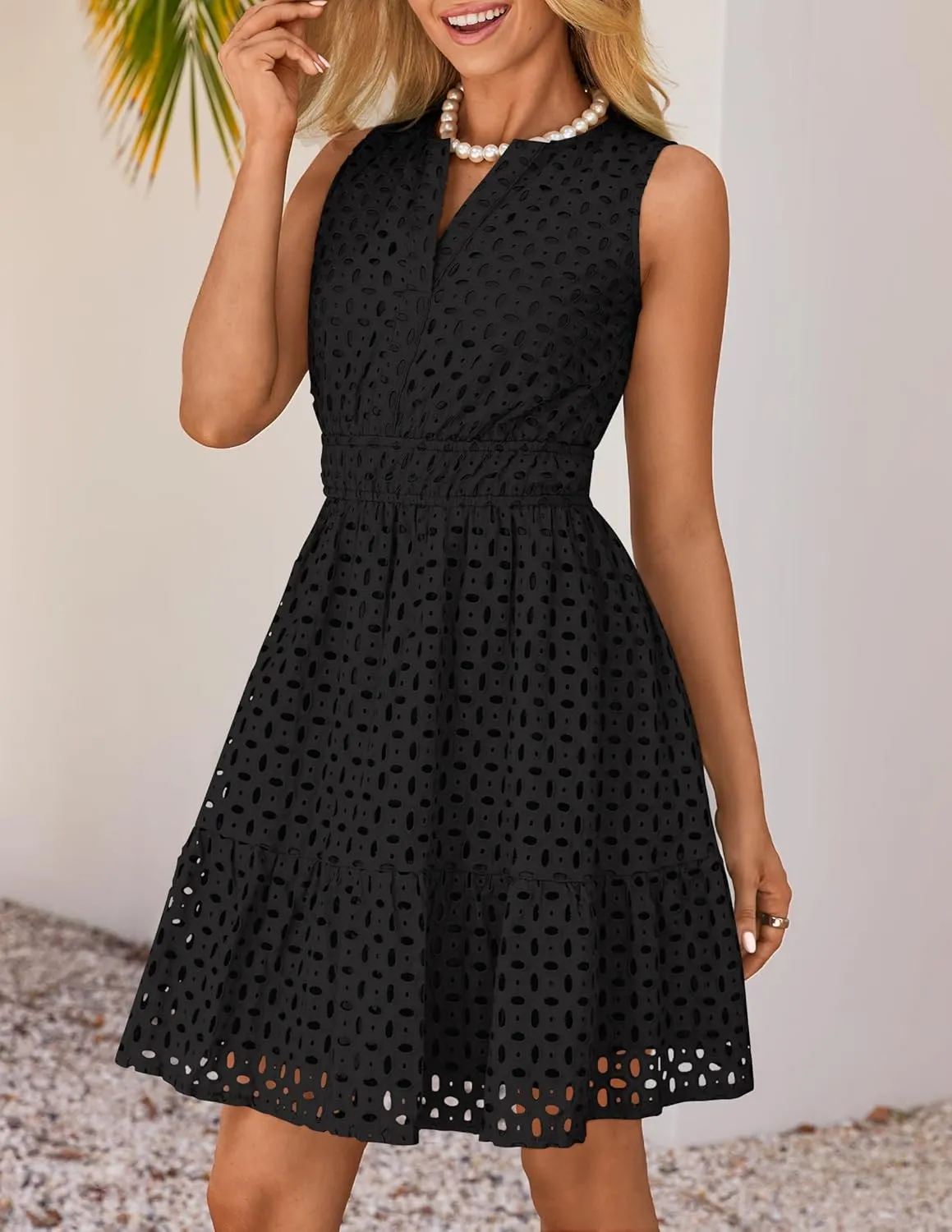 ZESICA Women's Summer Sleeveless Mini Dress V Neck Hollow Out Eyelet High Waist A Line Swing Short Party Dresses