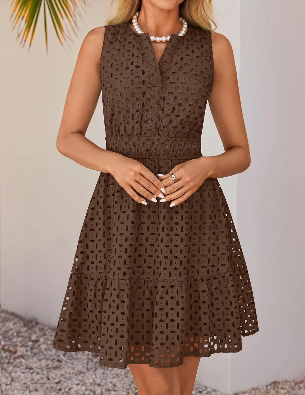 ZESICA Women's Summer Sleeveless Mini Dress V Neck Hollow Out Eyelet High Waist A Line Swing Short Party Dresses