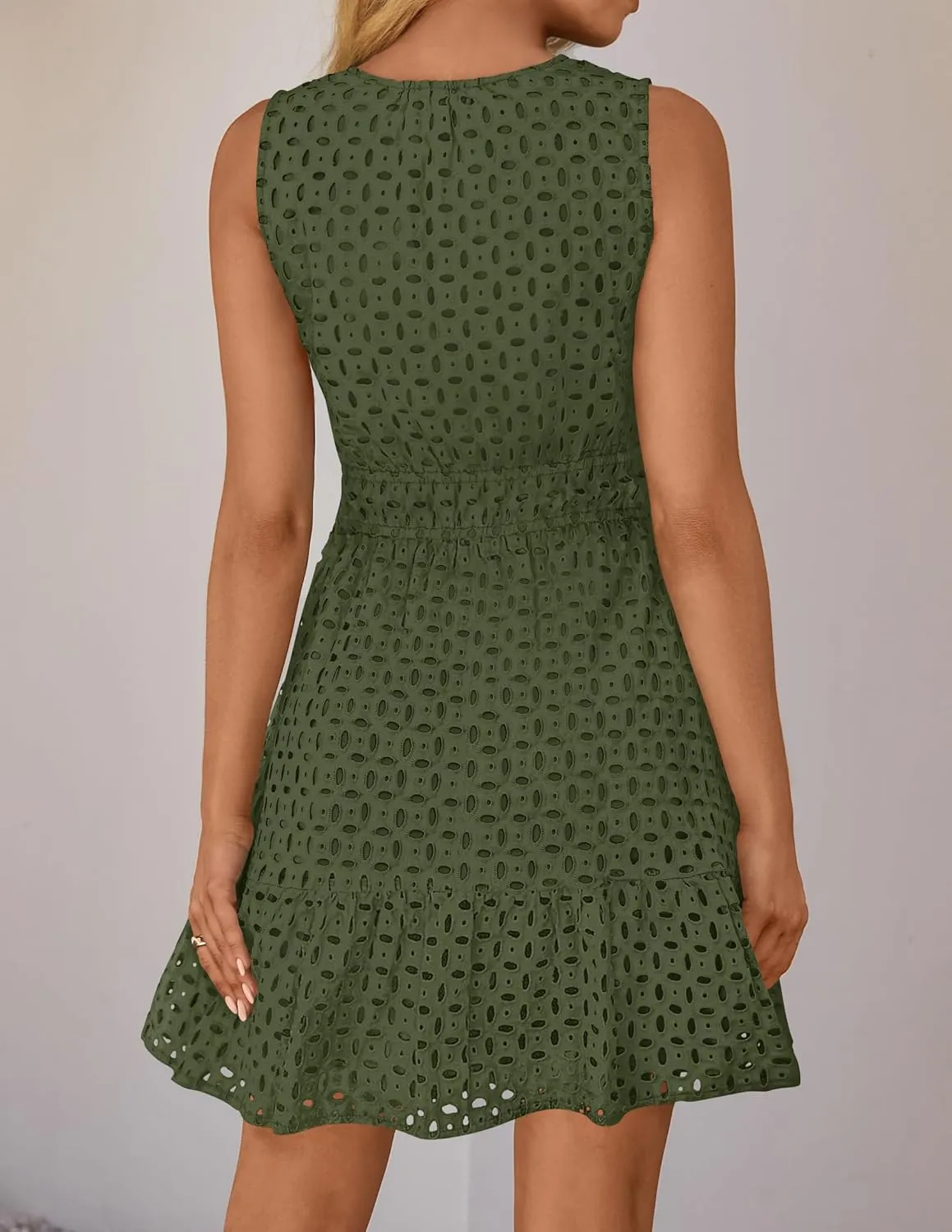 ZESICA Women's Summer Sleeveless Mini Dress V Neck Hollow Out Eyelet High Waist A Line Swing Short Party Dresses