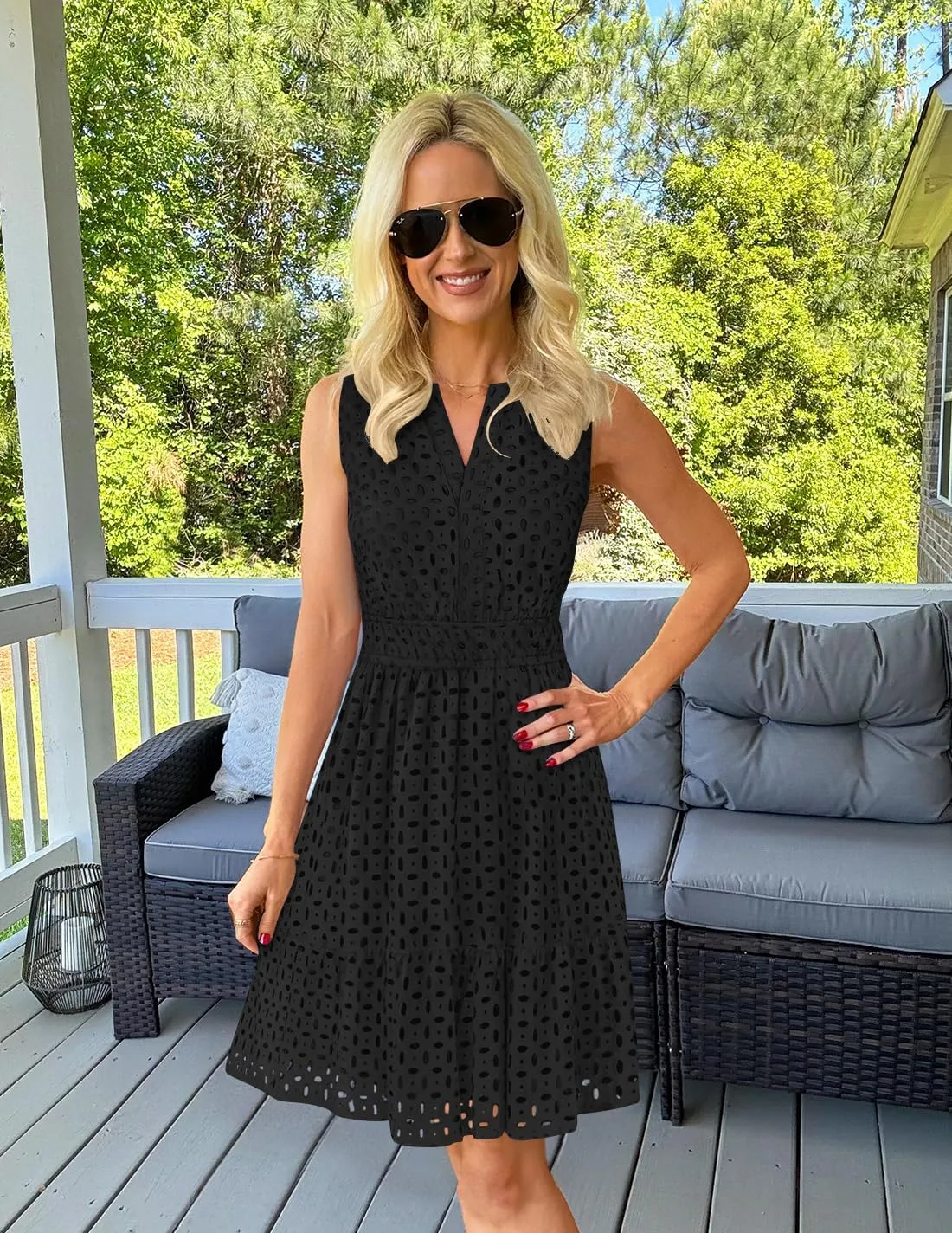 ZESICA Women's Summer Sleeveless Mini Dress V Neck Hollow Out Eyelet High Waist A Line Swing Short Party Dresses