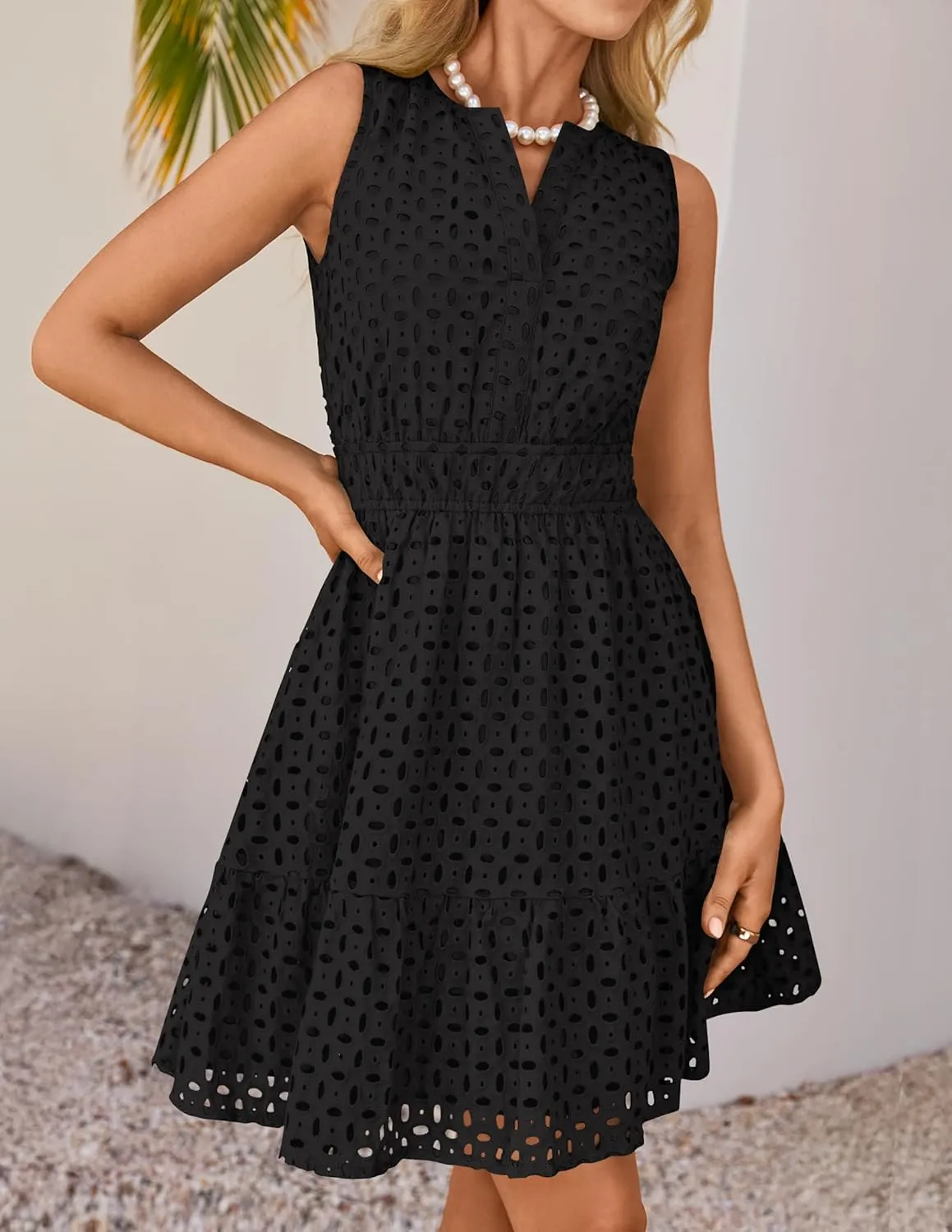 ZESICA Women's Summer Sleeveless Mini Dress V Neck Hollow Out Eyelet High Waist A Line Swing Short Party Dresses
