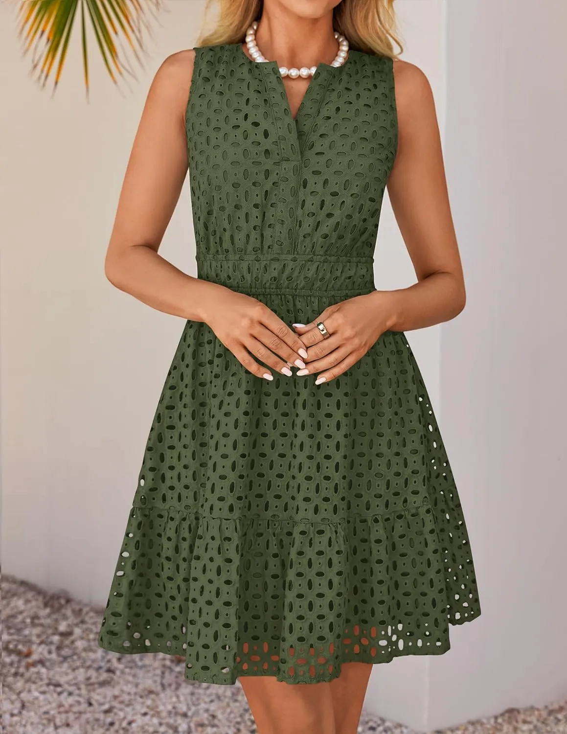 ZESICA Women's Summer Sleeveless Mini Dress V Neck Hollow Out Eyelet High Waist A Line Swing Short Party Dresses