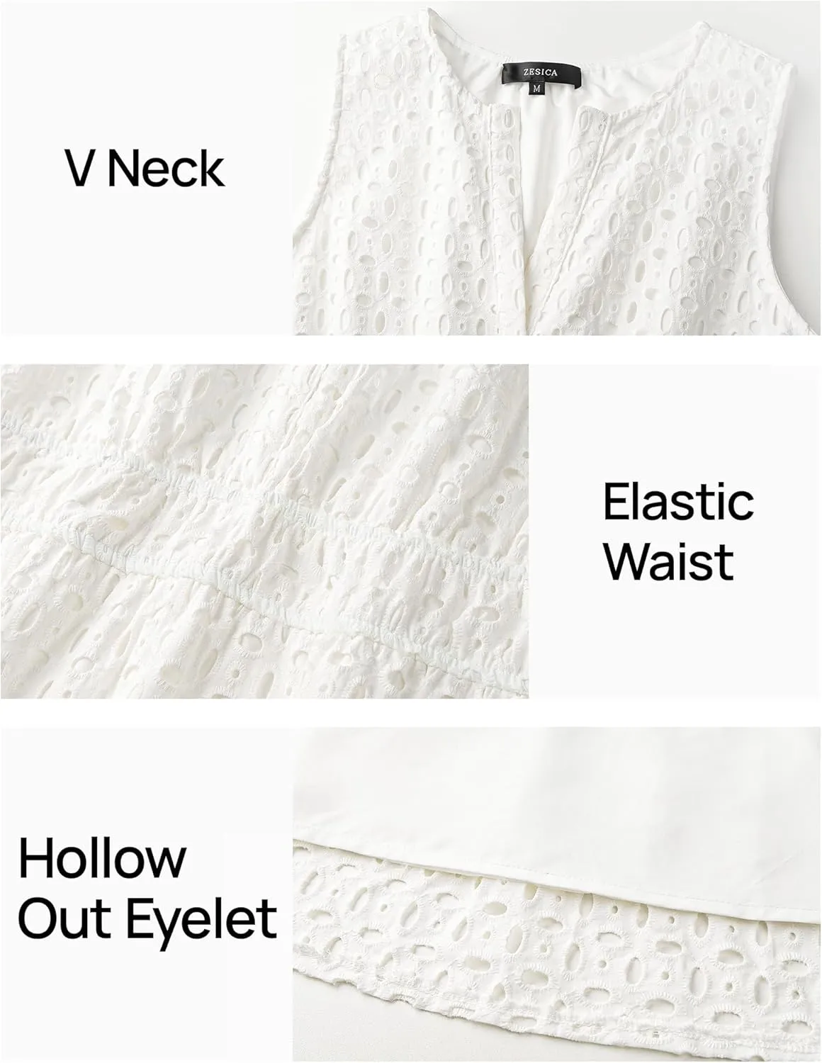 ZESICA Women's Summer Sleeveless Mini Dress V Neck Hollow Out Eyelet High Waist A Line Swing Short Party Dresses