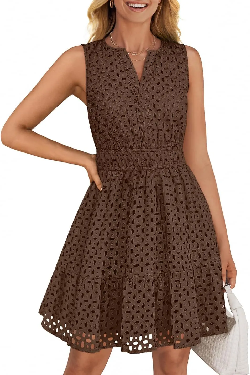 ZESICA Women's Summer Sleeveless Mini Dress V Neck Hollow Out Eyelet High Waist A Line Swing Short Party Dresses