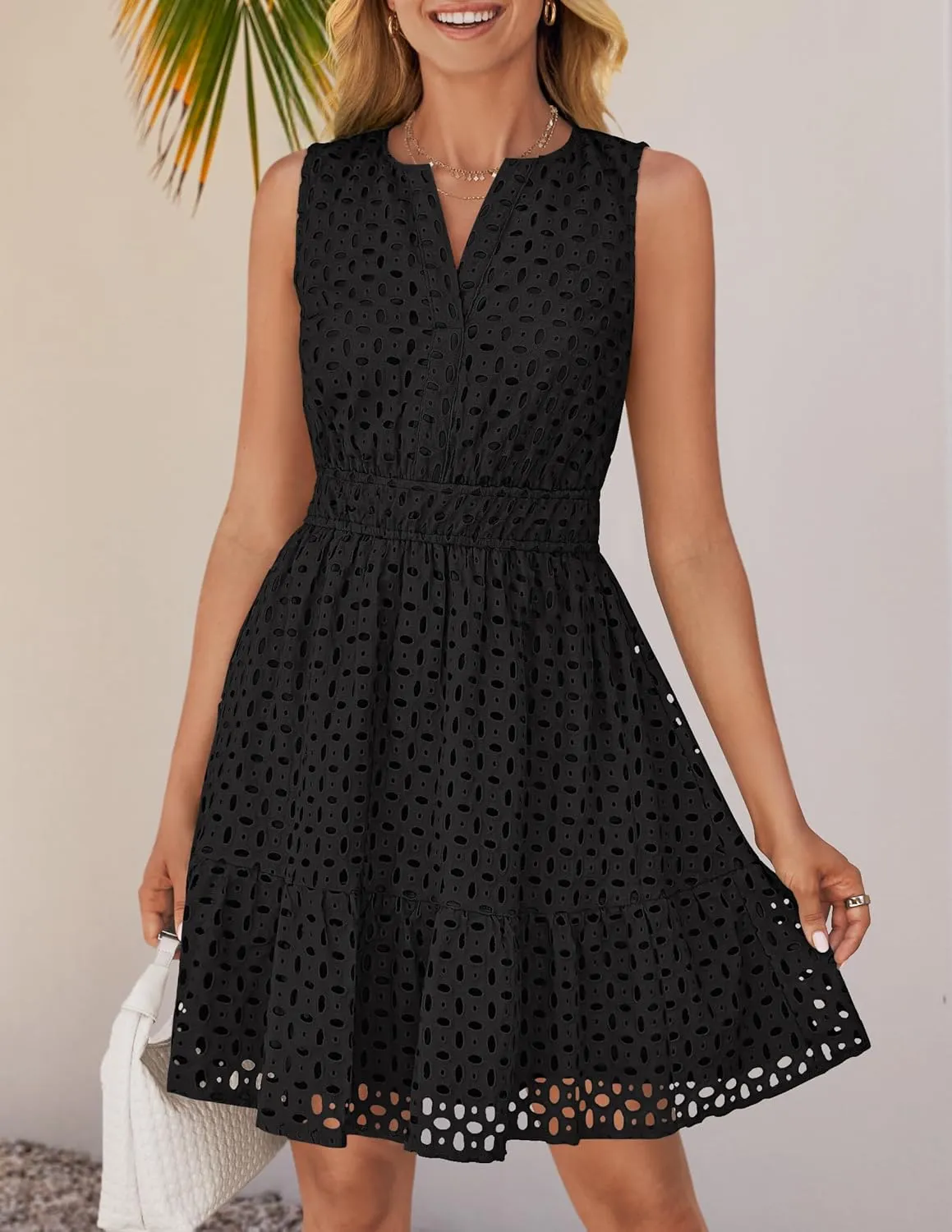 ZESICA Women's Summer Sleeveless Mini Dress V Neck Hollow Out Eyelet High Waist A Line Swing Short Party Dresses