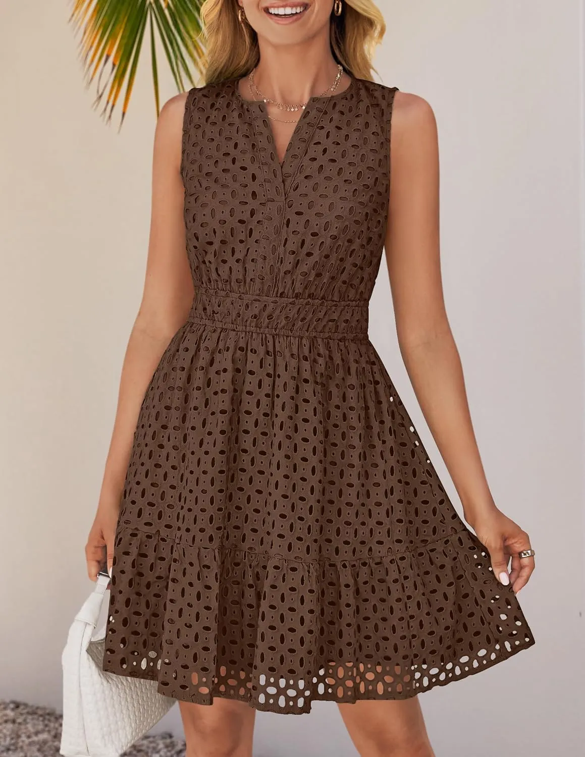 ZESICA Women's Summer Sleeveless Mini Dress V Neck Hollow Out Eyelet High Waist A Line Swing Short Party Dresses