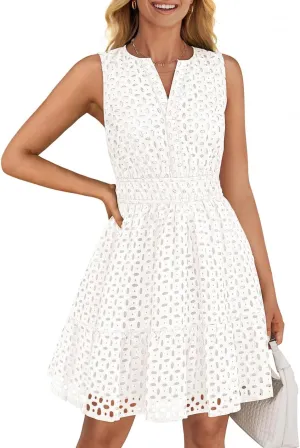 ZESICA Women's Summer Sleeveless Mini Dress V Neck Hollow Out Eyelet High Waist A Line Swing Short Party Dresses