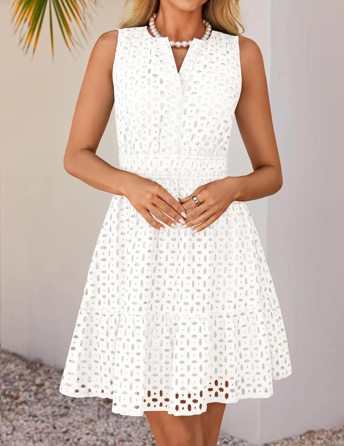 ZESICA Women's Summer Sleeveless Mini Dress V Neck Hollow Out Eyelet High Waist A Line Swing Short Party Dresses