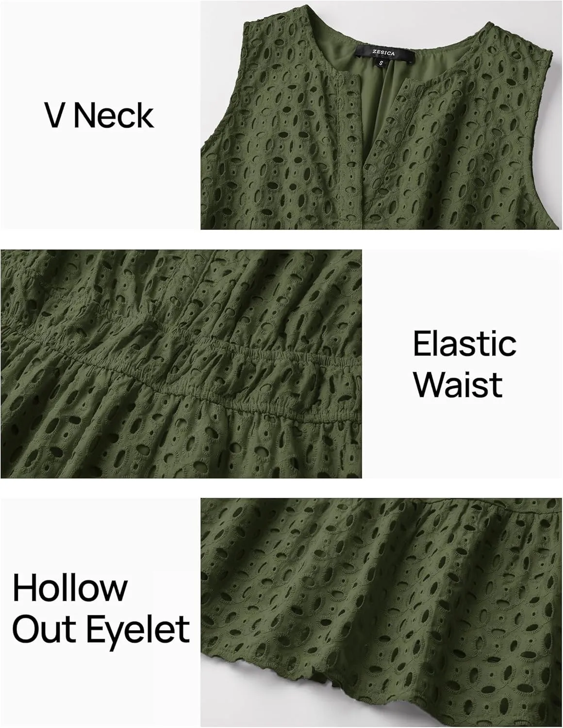 ZESICA Women's Summer Sleeveless Mini Dress V Neck Hollow Out Eyelet High Waist A Line Swing Short Party Dresses