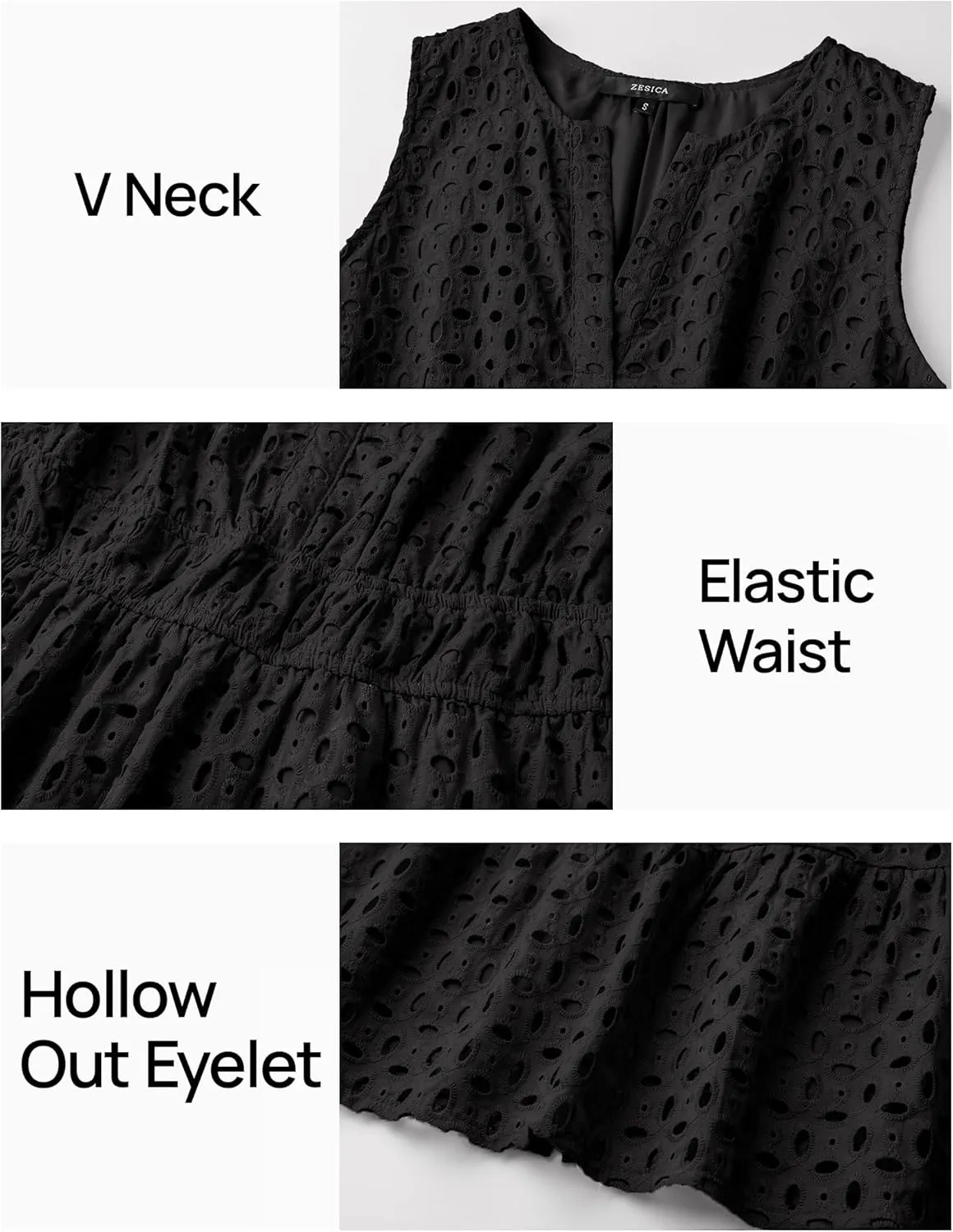 ZESICA Women's Summer Sleeveless Mini Dress V Neck Hollow Out Eyelet High Waist A Line Swing Short Party Dresses